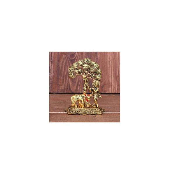 Metal Krishna with Cow Standing Under Tree Plying Flute (Gold, 12x8x17cm)