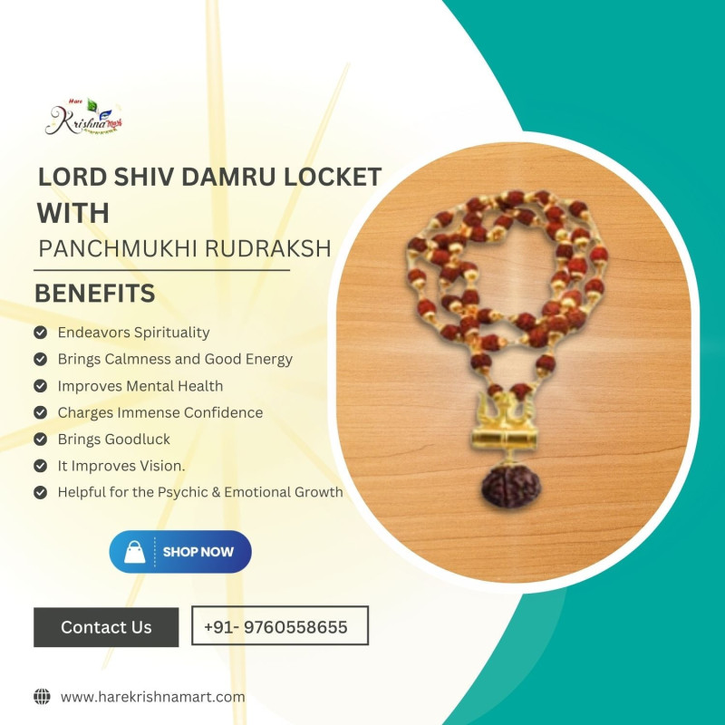 Lord Shiv Trishul Damru Locket With Puchmukhi Rudraksha Mala Gold-Plated Brass