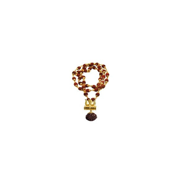 Lord Shiv Trishul Damru Locket With Puchmukhi Rudraksha Mala Gold-Plated Brass